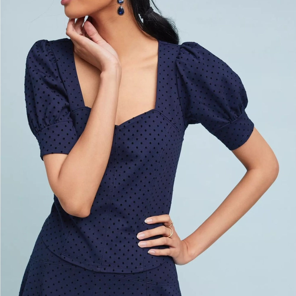 Anthropologie Maeve Women's Sevigny Blue Polka Dot Puff Sleeve Blouse‎ Size XS - Picture 5 of 12